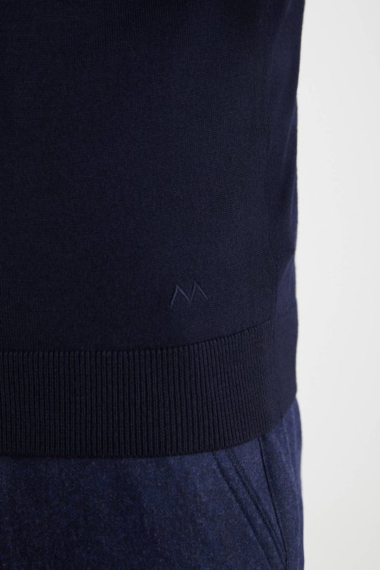 V Yaka Merino Yün Lacivert Triko