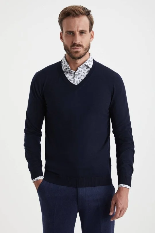 Hemington - V Yaka Merino Yün Lacivert Triko (1)