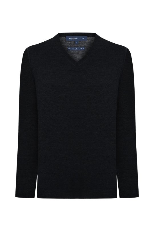 V Yaka Siyah Merino Yün Triko