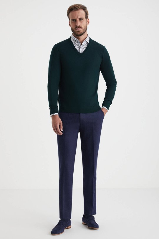 V Yaka Zümrüt Yeşili Merino Yün Triko