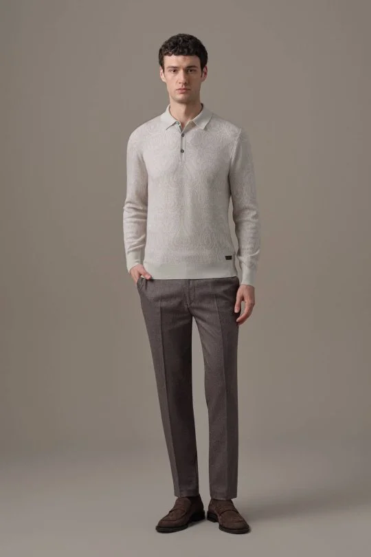 Hemington - Merino Yün Paisley Desen Polo Yaka Açık Bej Triko Kazak (1)