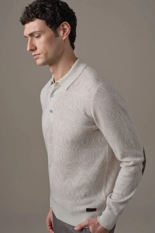 Hemington - Merino Yün Paisley Desen Polo Yaka Açık Bej Triko Kazak (2)