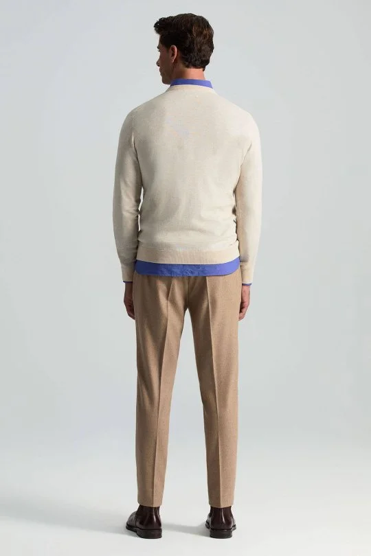 V Yaka Açık Bej Merino Yün Triko