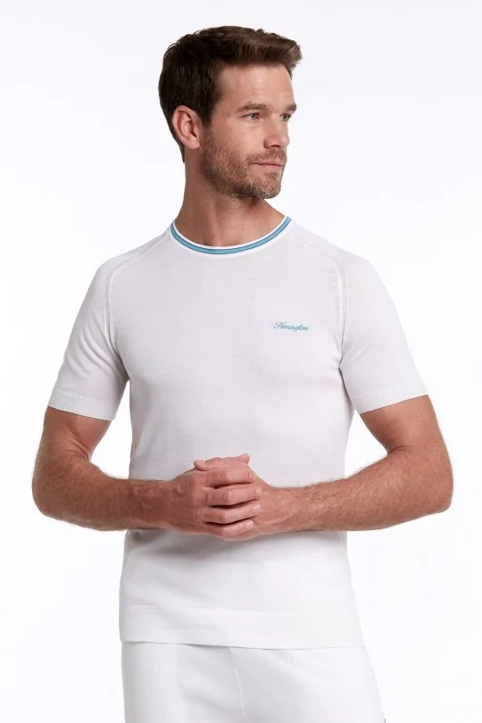 Hemington - Yaka Detaylı Nakış Logolu Beyaz Triko T-Shirt