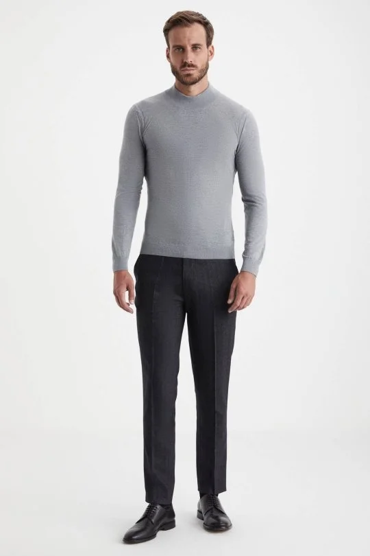 Hemington - Yarım Balıkçı Yaka Merino Yün Açık Gri Triko (4)