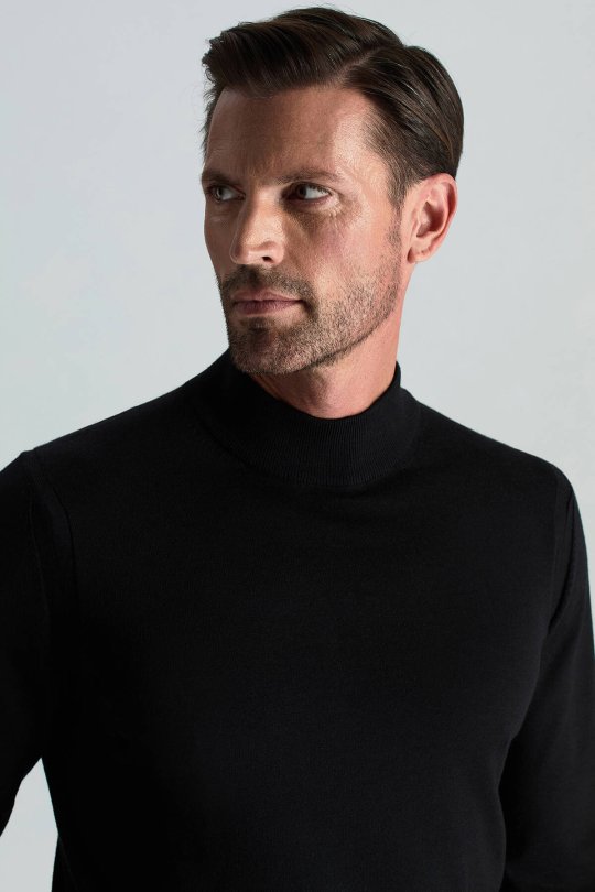 Yarım Balıkçı Yaka Merino Yün Siyah Triko