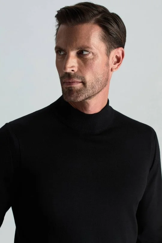 Hemington - Yarım Balıkçı Yaka Merino Yün Siyah Triko (1)