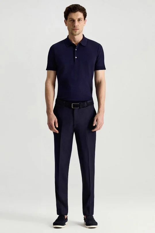 Yazlık İnce Yün Mikro Desenli Mavi Chino Pantolon