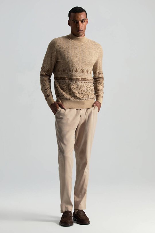 Yün İpek Karışım Paisley Desen Lupetto Yaka Camel Triko