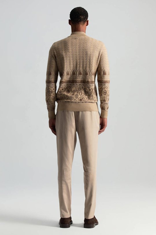 Yün İpek Karışım Paisley Desen Lupetto Yaka Camel Triko