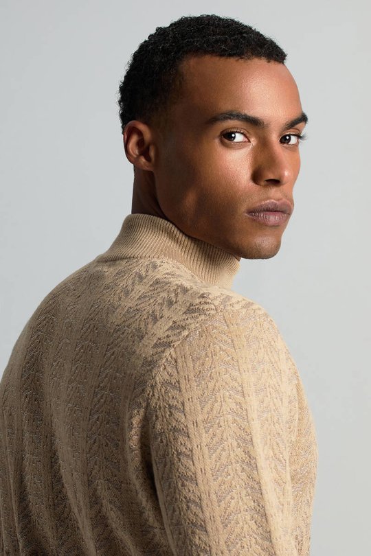 Yün İpek Karışım Paisley Desen Lupetto Yaka Camel Triko