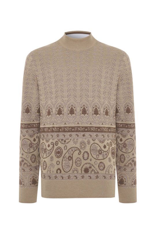 Yün İpek Karışım Paisley Desen Lupetto Yaka Camel Triko