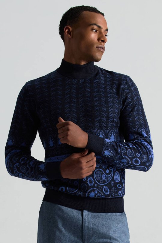 Yün İpek Karışım Paisley Desen Lupetto Yaka Lacivert Triko