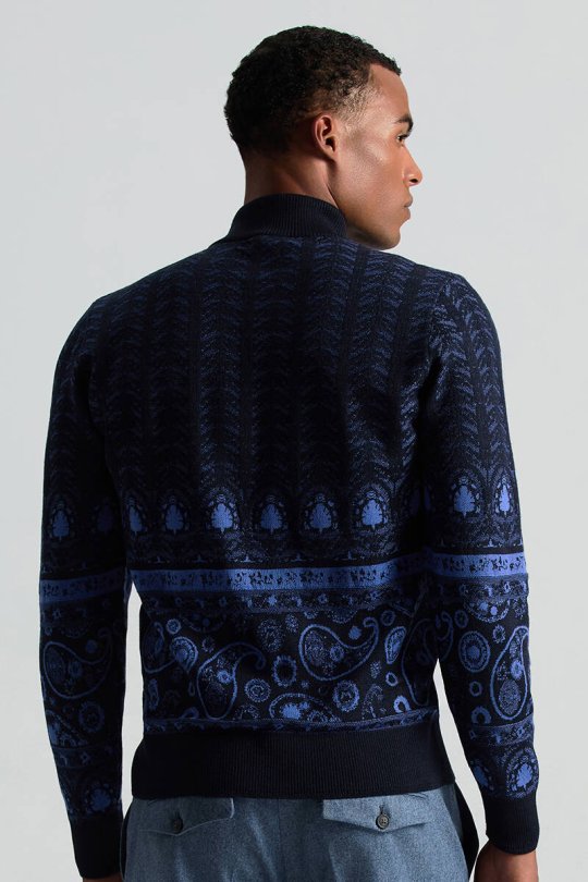 Yün İpek Karışım Paisley Desen Lupetto Yaka Lacivert Triko