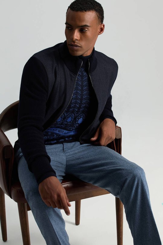 Yün İpek Karışım Paisley Desen Lupetto Yaka Lacivert Triko