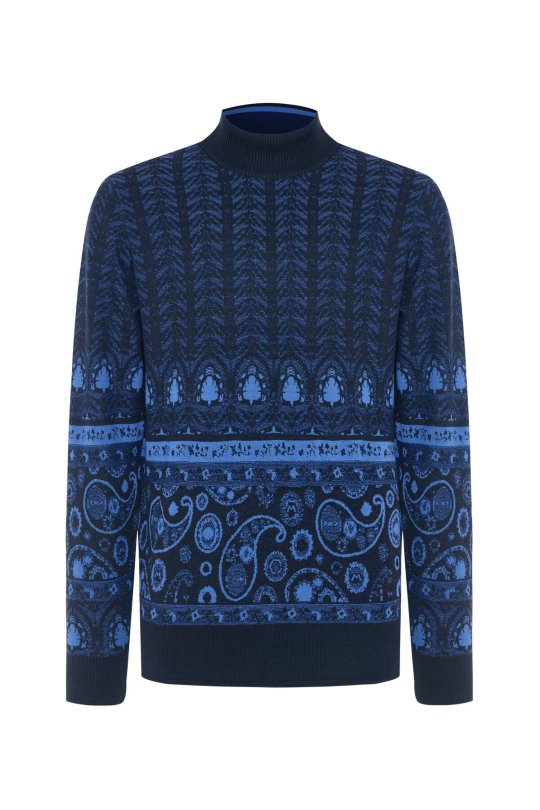 Yün İpek Karışım Paisley Desen Lupetto Yaka Lacivert Triko