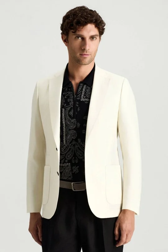 Yün-İpek-Keten Karışım Beyaz Blazer Ceket