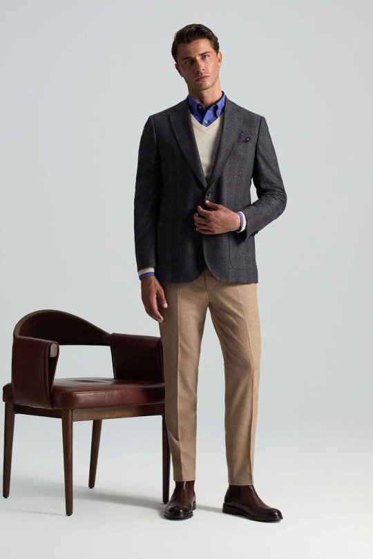 Yün Kaşmir Karışım Camel Flanel Chino Pantolon