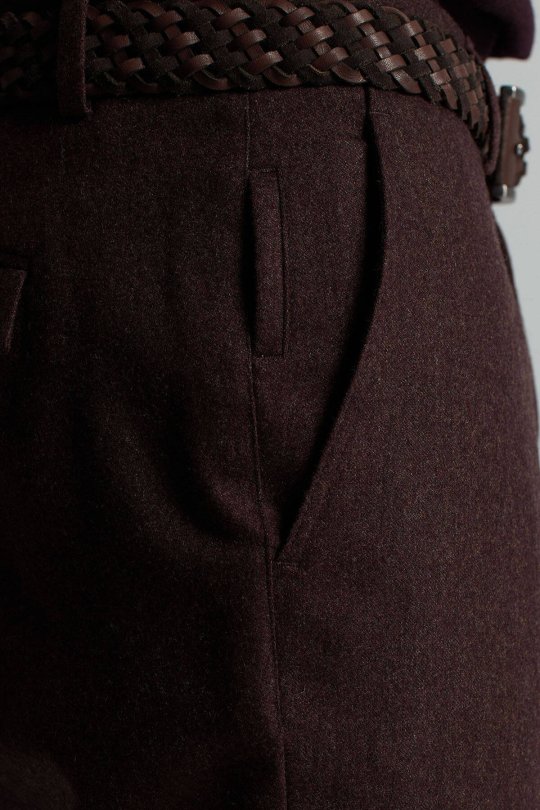 Yün Kaşmir Karışım Kahverengi Flanel Chino Pantolon