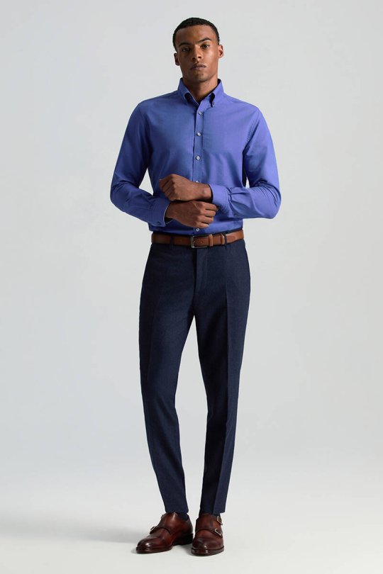 Yün Kaşmir Karışım Lacivert Flanel Chino Pantolon