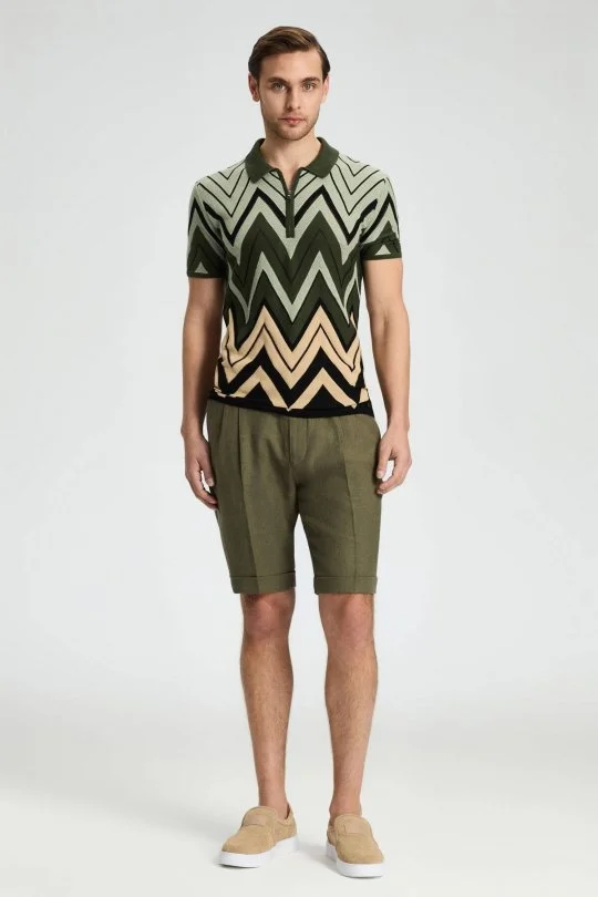 Hemington - Zigzag Desen Haki-Bej Giza Pamuk Triko Polo (2)