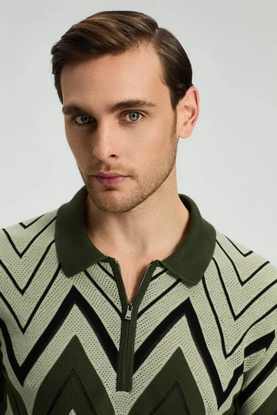 Hemington - Zigzag Desen Haki-Bej Giza Pamuk Triko Polo (1)