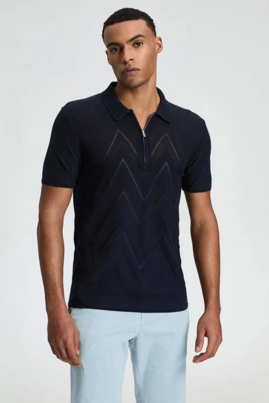 Hemington - Zigzag Desen Lacivert Giza Pamuk Triko Polo (4)