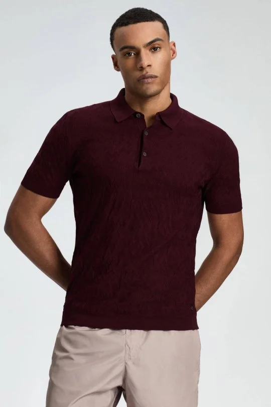 Hemington - Zigzag Desen Merserize Pamuk Bordo Triko Polo (3)