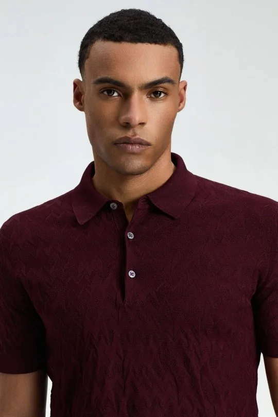 Hemington - Zigzag Desen Merserize Pamuk Bordo Triko Polo (1)
