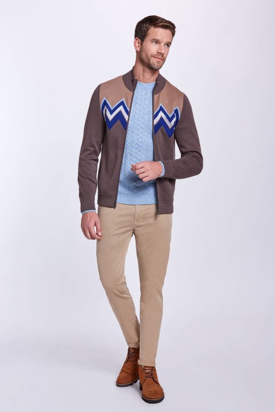 Zigzag Desen Yün Karışım Kahverengi Hırka