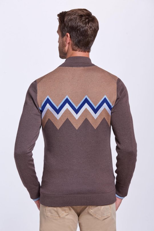 Zigzag Desen Yün Karışım Kahverengi Hırka