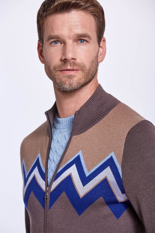 Zigzag Desen Yün Karışım Kahverengi Hırka