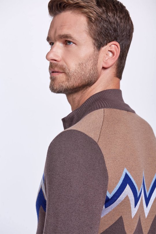 Zigzag Desen Yün Karışım Kahverengi Hırka