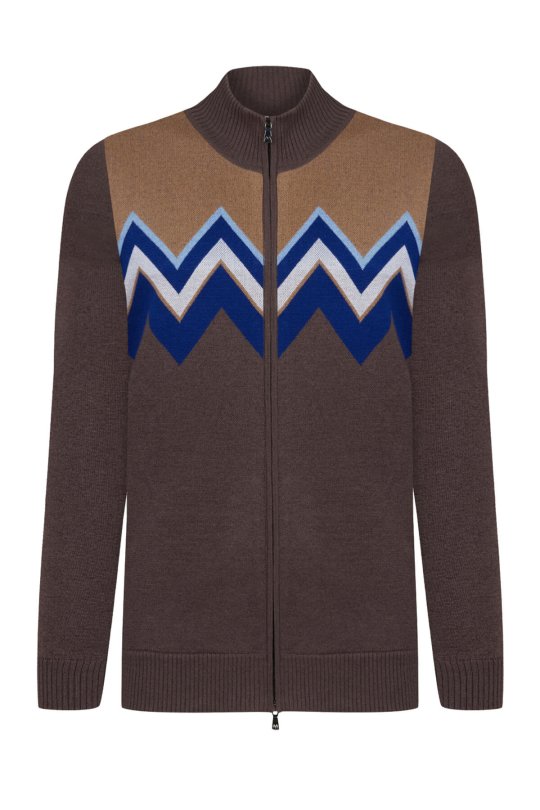 Zigzag Desen Yün Karışım Kahverengi Hırka