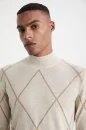 Baklava Desen Lupetto Yaka Merino Yün Açık Bej Triko - Thumbnail