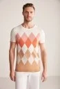 Argyle Desenli Krem Rengi-Beyaz Giza Pamuk Triko T-Shirt - Thumbnail