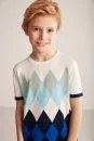 Argyle Desenli Mavi-Beyaz Giza Pamuk Çocuk Triko T-Shirt - Thumbnail