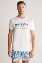 Beach Baskılı Beyaz Pima Pamuk T-Shirt - Thumbnail