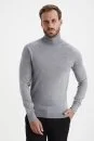 Açık Gri Boğazlı Slim Fit Merino Yün Triko - Thumbnail