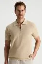Merserize Pamuk Fermuar Yaka Bej Triko Polo