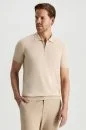 İpek Pamuk Karışım Fermuar Detaylı Bej Triko Polo