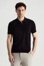 İpek Pamuk Karışım Fermuar Detaylı Siyah Triko Polo