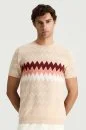 İtalyan İplik Zigzag Desen Bej Triko T-Shirt