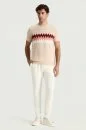 İtalyan İplik Zigzag Desen Bej Triko T-Shirt