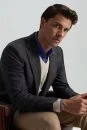 İtalyan Yün Kaşmir Karışım Ekose Desen Antrasit Blazer Ceket - Thumbnail