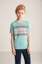 Keten Pamuk Karışım Etnik Desenli Mavi Çocuk Triko T-Shirt - Thumbnail