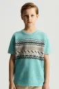 Keten Pamuk Karışım Etnik Desen Mavi Çocuk Triko T-Shirt