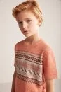 Keten Pamuk Karışım Etnik Desenli Turuncu Çocuk Triko T-Shirt - Thumbnail