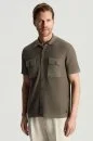 Keten Pamuk Karışım Kısa Kollu Haki Triko Gömlek