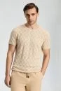 Keten Pamuk Ajur Desen Bisiklet Yaka Krem Rengi Triko T-Shirt - Thumbnail